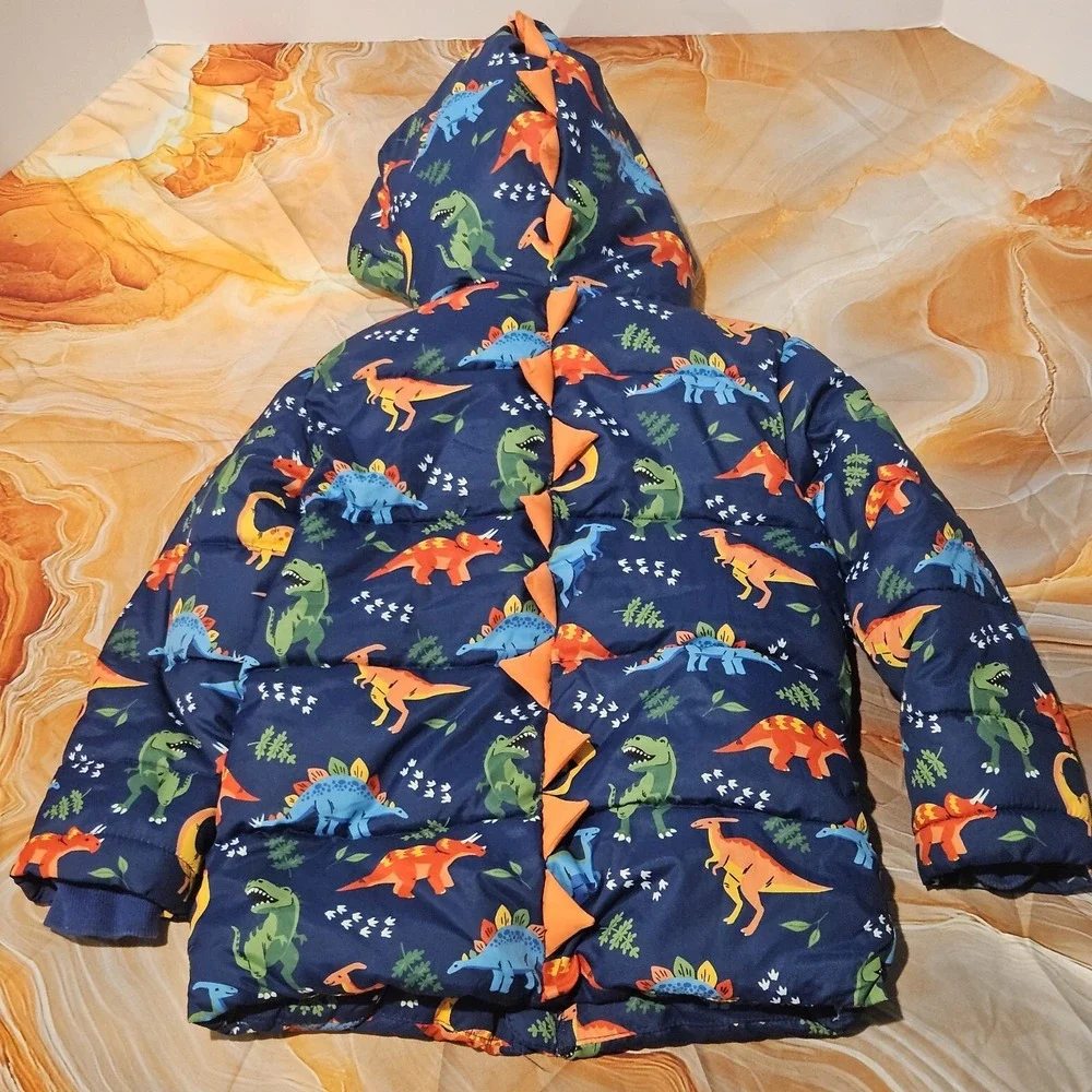 Gymboree Boys 5T Dinosaur Puffer Jacket Navy Hooded Sherpa Lined